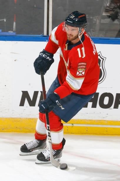 Jonathan Huberdeau of the Florida Panthers skates prior to an NHL preseason game against the Tampa Bay Lightning at the FLA Live Arena on October 9,...