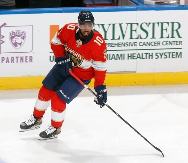 Anthony Duclair of the Florida Panthers skates prior to an NHL preseason game against the Tampa Bay Lightning at the FLA Live Arena on October 9,...