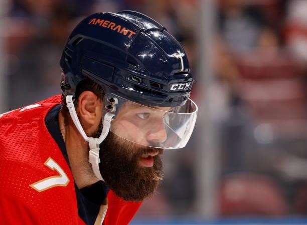 Radko Gudas of the Florida Panthers prepares for a face-off against the Tampa Bay Lightning during a preseason game at the FLA Live Arena on October...