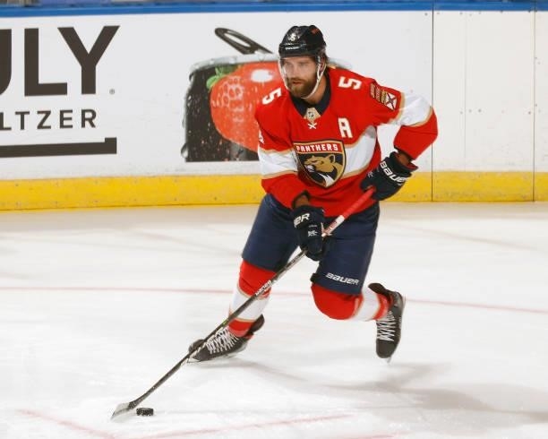 Aaron Ekblad of the Florida Panthers skates prior to an NHL preseason game against the Tampa Bay Lightning at the FLA Live Arena on October 9, 2021...
