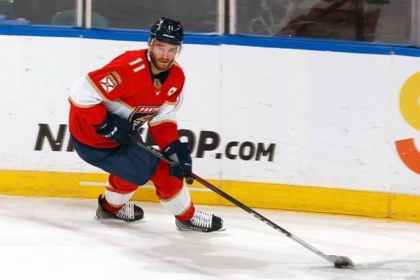 Jonathan Huberdeau of the Florida Panthers skates with the puck against the Tampa Bay Lightning during a preseason game at the FLA Live Arena on...