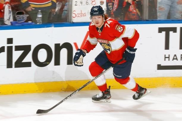 Owen Tippett of the Florida Panthers skates prior to an NHL preseason game against the Tampa Bay Lightning at the FLA Live Arena on October 9, 2021...