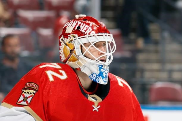 Goaltender Sergei Bobrovsky of the Florida Panthers looks up ice during second period action against the Tampa Bay Lightning during a preseason game...