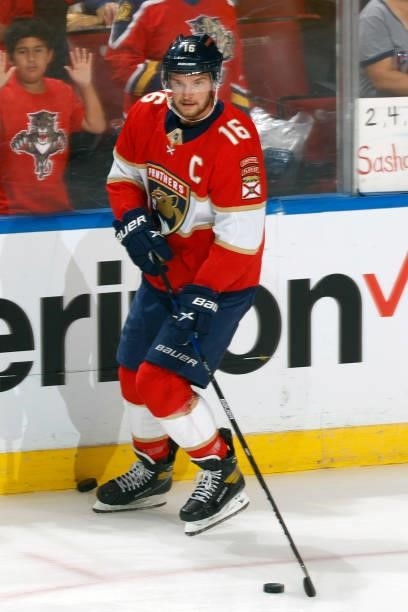 Aleksander Barkov of the Florida Panthers skates prior to an NHL preseason game against the Tampa Bay Lightning at the FLA Live Arena on October 9,...