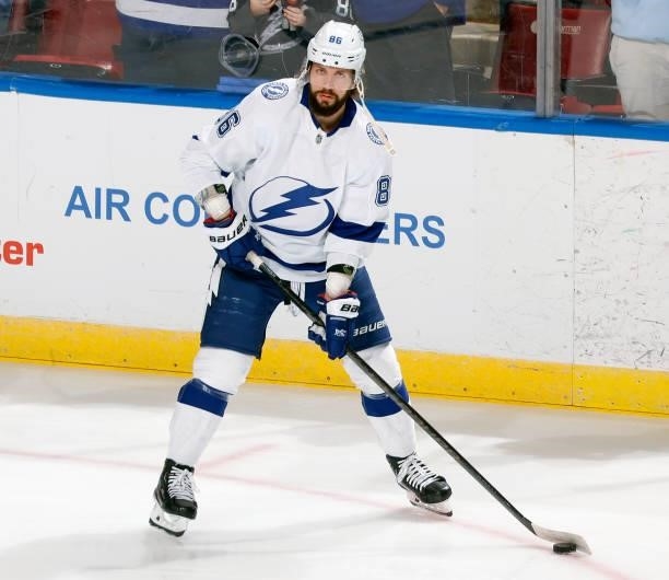 Nikita Kucherov of the Tampa Bay Lightning skates prior to an NFL preseason game against the Florida Panthers at the FLA Live Arena on October 9,...