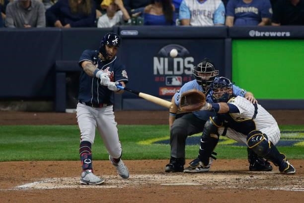 Eddie Rosario of the Atlanta Braves up to bat during game 2 of the National League Division Series at American Family Field on October 09, 2021 in...