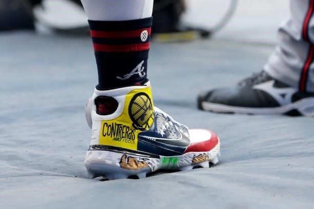 Picture of the Nike shoes worn by William Contreras of the Atlanta Braves before game 2 of the National League Division Series at American Family...