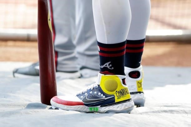Picture of the Nike shoes worn by William Contreras of the Atlanta Braves before game 2 of the National League Division Series at American Family...