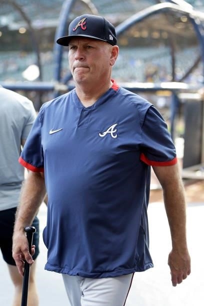 Atlanta Braves manager Brian Snitker before game 2 of the National League Division Series at American Family Field on October 09, 2021 in Milwaukee,...