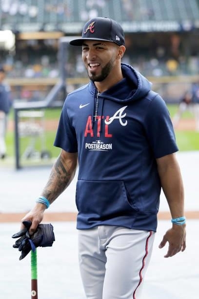 Eddie Rosario of the Atlanta Braves before game 2 of the National League Division Series at American Family Field on October 09, 2021 in Milwaukee,...