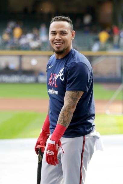 Orlando Arcia of the Atlanta Braves during batting practice before game 2 of the National League Division Series at American Family Field on October...