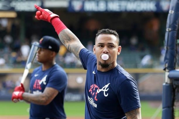 Orlando Arcia of the Atlanta Braves during batting practice before game 2 of the National League Division Series at American Family Field on October...