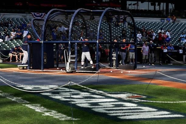 Picture of the Atlanta Braves during batting practice before game 2 of the National League Division Series at American Family Field on October 09,...