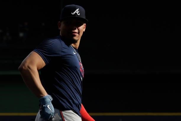 Picture of William Contreras of the Atlanta Braves before game 2 of the National League Division Series at American Family Field on October 09, 2021...
