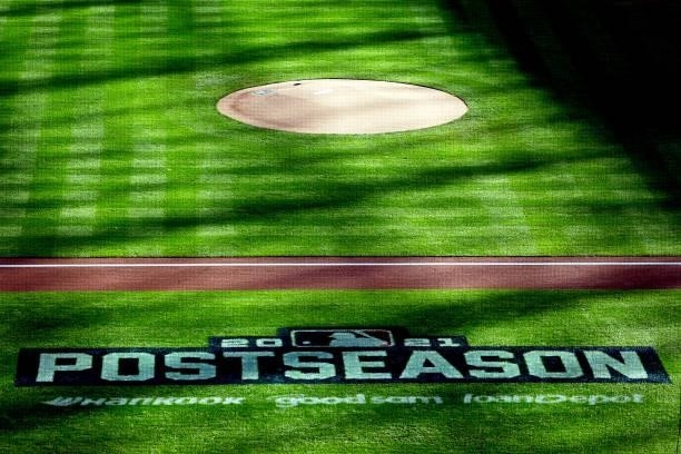 Picture of the NLDS Post Season logo in front of the Braves bench during game 2 of the National League Division Series at American Family Field on...