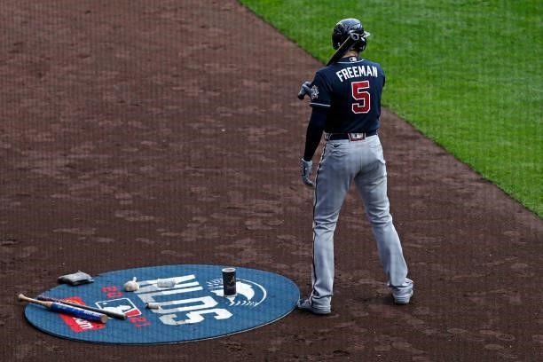 Freddie Freeman of the Atlanta Braves stands on deck during game 2 of the National League Division Series at American Family Field on October 09,...