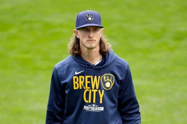 Josh Hader of the Milwaukee Brewers walks out to the bullpen during game 2 of the National League Division Series at American Family Field on October...