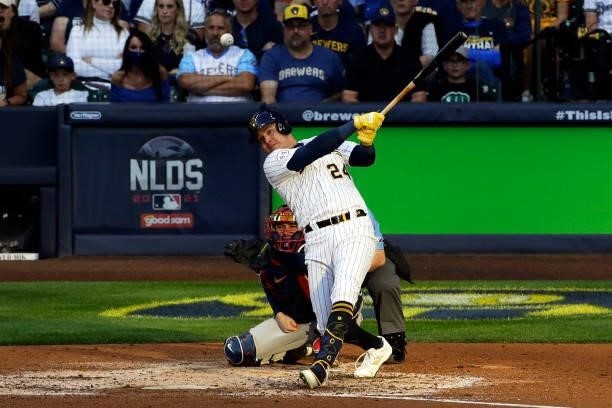 Avisail Garcia of the Milwaukee Brewers swings at a pitch during game 2 of the National League Division Series at American Family Field on October...