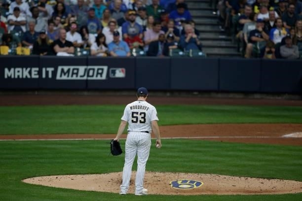 Brandon Woodruff of the Milwaukee Brewers stands behind the mound during game 2 of the National League Division Series at American Family Field on...