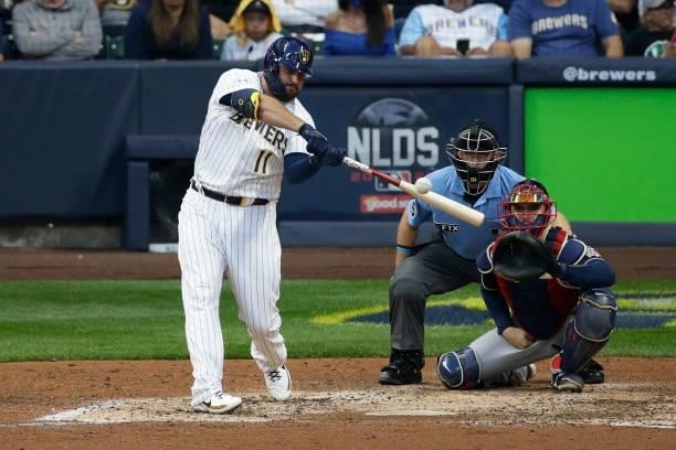 Rowdy Tellez of the Milwaukee Brewers swings at a pitch during game 2 of the National League Division Series at American Family Field on October 09,...