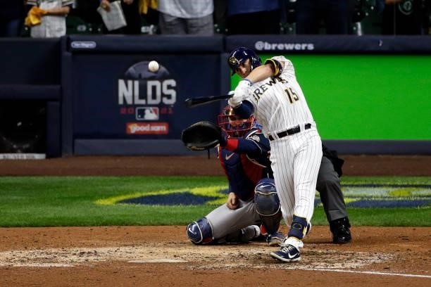 Tyrone Taylor of the Milwaukee Brewers swings at a pitch during game 2 of the National League Division Series at American Family Field on October 09,...