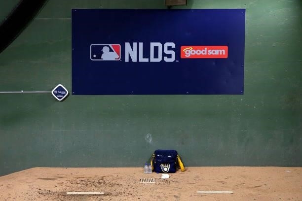 Picture of the Brewers bullpen during game 2 of the National League Division Series at American Family Field on October 09, 2021 in Milwaukee,...