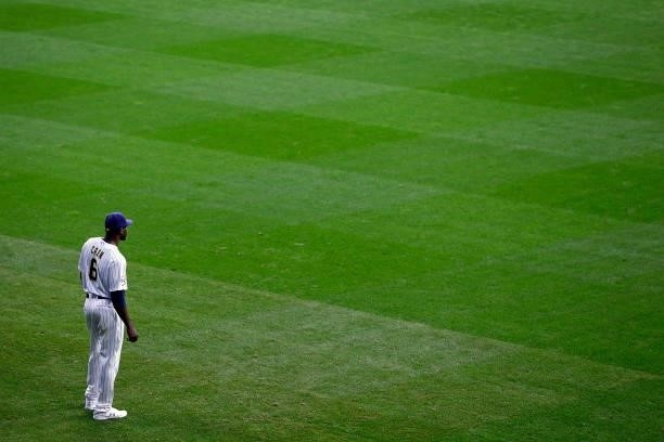 Lorenzo Cain of the Milwaukee Brewers stands in center field during game 2 of the National League Division Series at American Family Field on October...