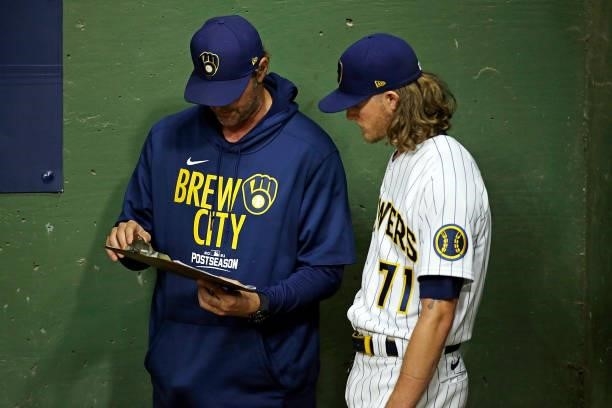 Josh Hader of the Milwaukee Brewers in the bullpen during game 2 of the National League Division Series at American Family Field on October 09, 2021...