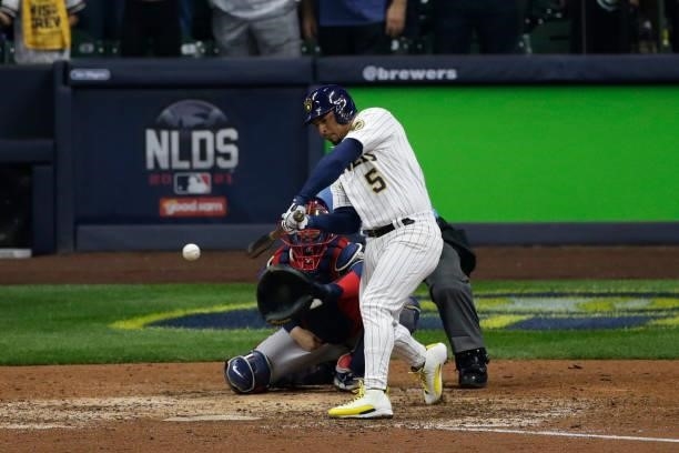 Eduardo Escobar of the Milwaukee Brewers swings at a pitch during game 2 of the National League Division Series at American Family Field on October...