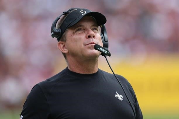 Head coach Sean Payton of the New Orleans Saints reacts during the first half against the Washington Football Team at FedExField on October 10, 2021...