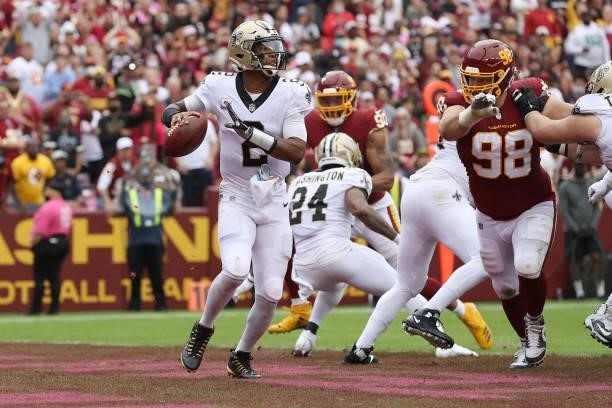 Jameis Winston of the New Orleans Saints throws the ball during the first half against the Washington Football Team at FedExField on October 10, 2021...