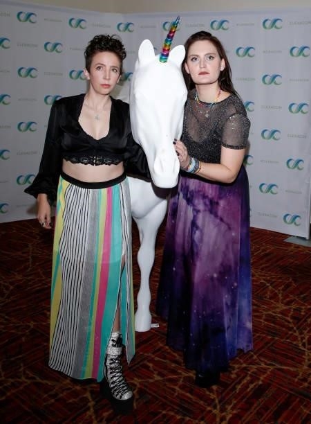 Actor/writer Madi Goff and actress Mary Chieffo pose with a unicorn statue during the ClexaCon 2021 convention at the Tropicana Las Vegas on October...