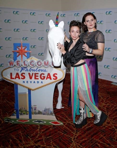Actor/writer Madi Goff and actress Mary Chieffo pose with a unicorn statue during the ClexaCon 2021 convention at the Tropicana Las Vegas on October...