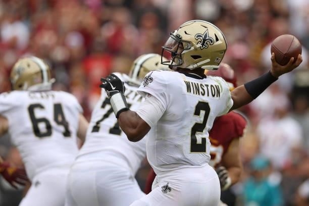 Jameis Winston of the New Orleans Saints throws the ball during the second half against the Washington Football Team at FedExField on October 10,...