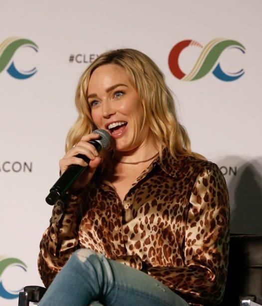 Caity Lotz speaks during the "Caity Lotz & Jes Macallan 