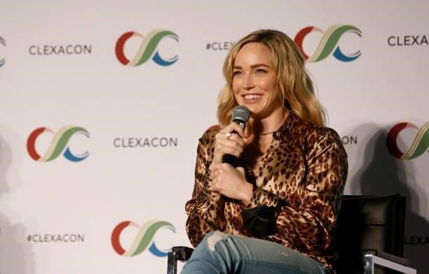 Caity Lotz speaks during the "Caity Lotz & Jes Macallan 