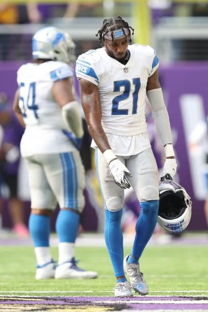 Tracy Walker III of the Detroit Lions reacts after losing to the Minnesota Vikings at U.S. Bank Stadium on October 10, 2021 in Minneapolis, Minnesota.