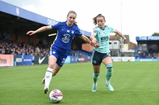 Niamh Charles of Chelsea is challenged by Hannah Cain of Leicester City during the Barclays FA Women's Super League match between Chelsea Women and...