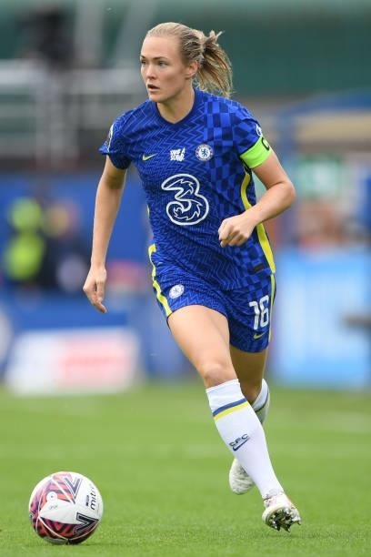 Magdalena Eriksson of Chelsea runs with the ball during the Barclays FA Women's Super League match between Chelsea Women and Leicester City Women at...