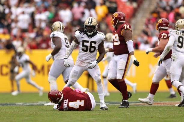 Demario Davis of the New Orleans Saints reacts after Taylor Heinicke of the Washington Football Team was sacked during the second half at FedExField...