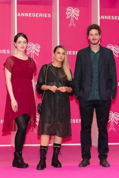 Ljubica Lukovic, Jelena Gavrilovic and Matija Dragojevic attend the 4th Canneseries Festival - Day Three on October 10, 2021 in Cannes, France.