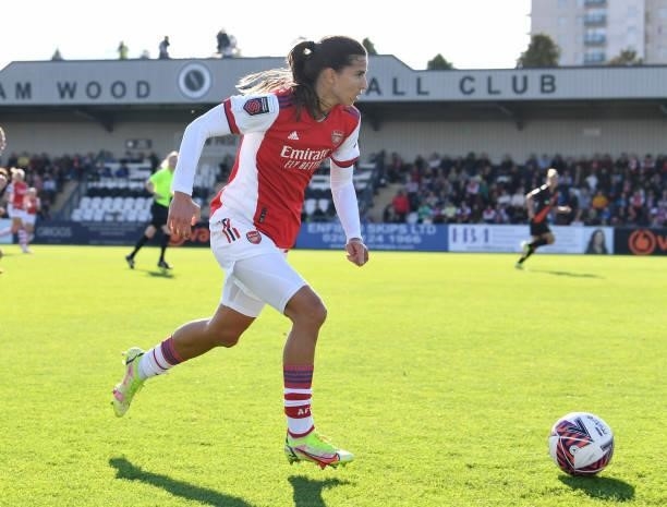 Tobin Heath of Arsenal during the Barclays FA Women's Super League match between Arsenal Women and Everton Women at Meadow Park on October 10, 2021...