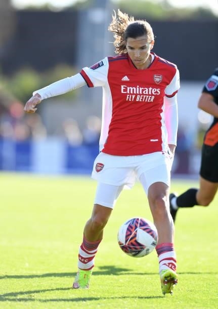 Tobin Heath of Arsenal during the Barclays FA Women's Super League match between Arsenal Women and Everton Women at Meadow Park on October 10, 2021...