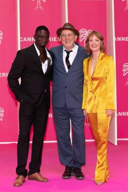 Ibrahim Koma, Steve Barron and Leonie Benesh attend the 4th Canneseries Festival - Day Three on October 10, 2021 in Cannes, France.