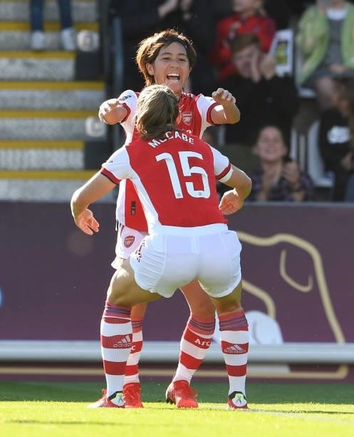 Katie McCabe celebrates scoring Arsenal's 1st goal with Mana Iwabuchi during the Barclays FA Women's Super League match between Arsenal Women and...