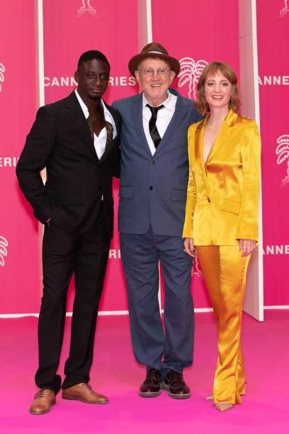Ibrahim Koma, Steve Barron and Leonie Benesh attend the 4th Canneseries Festival - Day Three on October 10, 2021 in Cannes, France.
