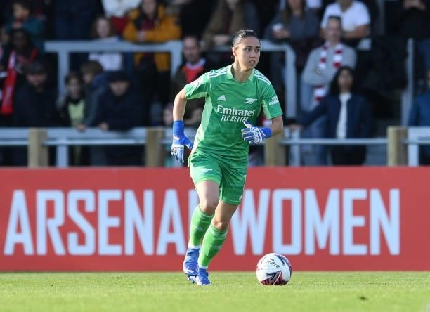 Manuela Zinsberger of Arsenal during the Barclays FA Women's Super League match between Arsenal Women and Everton Women at Meadow Park on October 10,...
