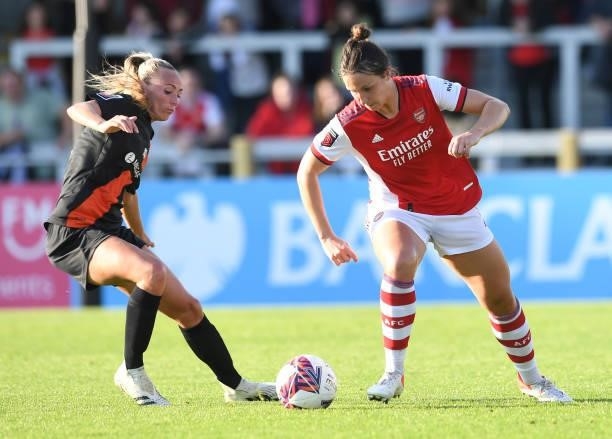 Lotte Wubben-Moy of Arsenal takes on Toni Duggan of Everton during the Barclays FA Women's Super League match between Arsenal Women and Everton Women...
