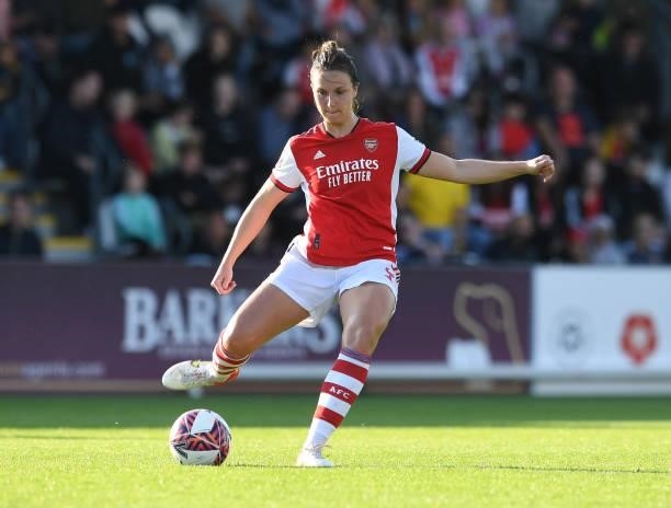 Lotte Wubben-Moy of Arsenal during the Barclays FA Women's Super League match between Arsenal Women and Everton Women at Meadow Park on October 10,...