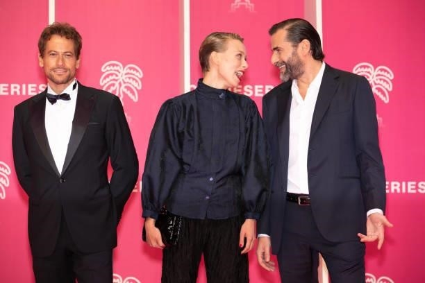 Ioan Gruffudd, Ivanna Anatoliyivna Sakhno and Gregory Fitoussi attend the 4th Canneseries Festival - Day Three on October 10, 2021 in Cannes, France.